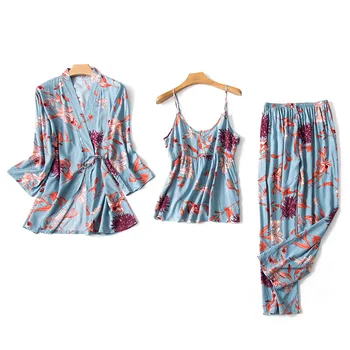 Primavera, Outono, as Mulheres Pijama Conjuntos de Impressão de Flor Pijamas Pijamas 3 Pedaços de Espaguete fita para o Pijama, em Casa de Pijamas, Roupão de conjuntos de