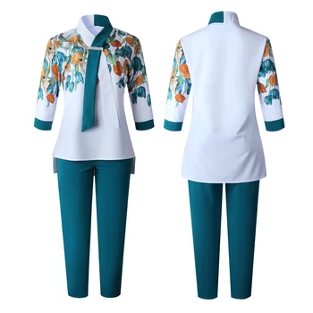 Mulheres Africanas De Duas Peças De Roupas Plus Size, Blusa, Camisa, Calças De Definir Estampa Floral Elegante Senhora Negócios De Terceiros Escritório Roupa Primavera