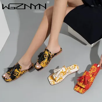 Mulheres Chinelos de quarto Moda Borlas de Verão da Marca de Sapatos de Praia Slides Retro Mulas Sapatos de Senhoras Televisão Chinelo Calçado de Exterior Mulheres 2021