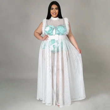 4XL 3XL Mulheres Plus Size Vestuário Dashiki Africana Designer de Moda de Vestido de 2021 Primavera, Verão, Ver Através de Maxi Vestido sem Mangas