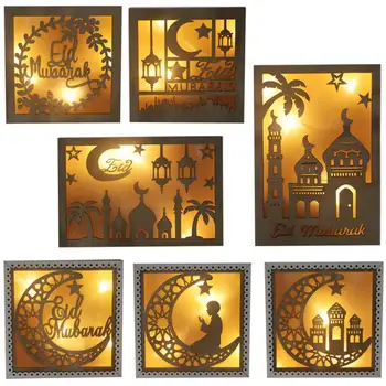 Diodo emissor de Luz Ramadã Deco Lua Estrela Eid Mubarak Decoração de Madeira Ornamento Islâmica Muçulmana de Eid para Casa de Festa Decoração Artesanato