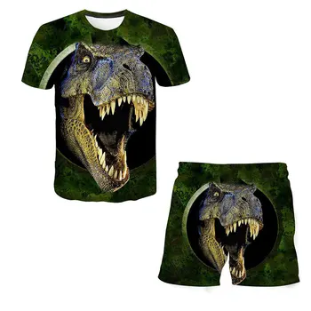 Dino verde Roupas infantis Conjuntos de Meninos t-shirt Terno de Verão, T-Shirts, Tops Curtos 3D Dinossauros de manga Curta Casual Jogging Terno