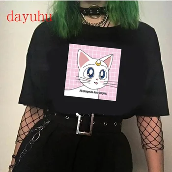 90 Gato Camiseta de Moda, Gráfico Superior Tee Fêmea Marinheiro Harajuku Kawaii Anime T-Shirt das Mulheres Ullzang Engraçado dos desenhos animados T-shirt Bonito