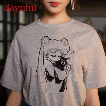 90 Gato Camiseta de Moda, Gráfico Superior Tee Fêmea Marinheiro Harajuku Kawaii Anime T-Shirt das Mulheres Ullzang Engraçado dos desenhos animados T-shirt Bonito