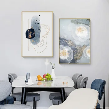 Resumo o Padrão de Ouro Linhas de Lona da Pintura Nórdica Pôster e Impressão Minimalista Arte de Parede Cinza Fotos de Decoração de Sala de estar