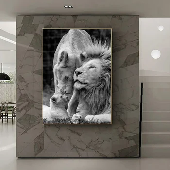 Leões africanos Família de Lona PaintingsBlack e Branco Animais de Pôsteres e Impressões de Arte de Parede Fotos para Viver a Decoração Home