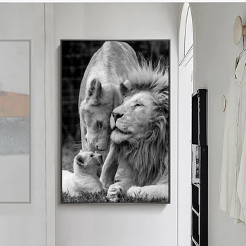 Leões africanos Família de Lona PaintingsBlack e Branco Animais de Pôsteres e Impressões de Arte de Parede Fotos para Viver a Decoração Home