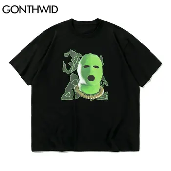 GONTHWID Streetwear Camisetas Hip Hop Rosto a Máscara de Manga Curta T-Shirts Harajuku Punk Rock Casual T-Shirts da Moda Tops de Algodão