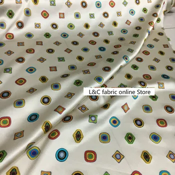 Novo geométrica de onda do ponto de impressão de bicho-da-seda seda roupas cheongsam material pesado elastic cetim de seda tecido 97% seda +3% elastano