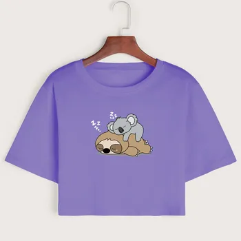 Preguiça Koala Cochilando Mulheres De Culturas Camisa Cropped T-Shirt Crop Top Tee Verão De Manga Curta De Algodão Tops Femininos Meninas Gráfico T-Shirts