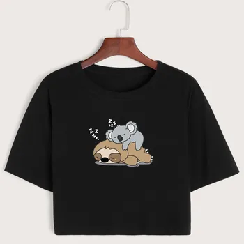 Preguiça Koala Cochilando Mulheres De Culturas Camisa Cropped T-Shirt Crop Top Tee Verão De Manga Curta De Algodão Tops Femininos Meninas Gráfico T-Shirts