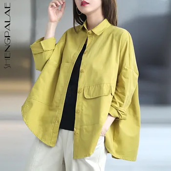 SHENGPALAE minimalista cor sólida blusa feminina outono 2021 novo lapela grande tamanho único breasted camisa de manga longa feminino