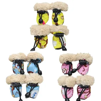 4 PCS Forro de Lã de Pet de Inverno Botas de Chuva Conjunto de desenhos animados Impermeável, antiderrapante Cão Sapatos Para Cachorro Gato Cão de Suprimentos