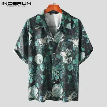 2021 Homens de Camisa Havaiana Impressão Praia de Lapela de Manga Curta as Férias de Streetwear de Verão Blusa Casual Botão Camisas S-5XL INCERUN