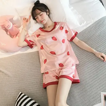Bonito Womens Pijama de Duas peças de Conjunto de roupa de dormir de Pijama em Cetim Camisa + Shorts Homewear Noite Ternos dropshipping pijamas plus size