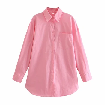 ZXQJ Vintage Mulheres de tamanho grande cor-de-Rosa Camisas de 2021 Moda Verão Senhoras Camisa de Manga Longa e Solta Meninas de Algodão Macio, Elegante Tops Elegante