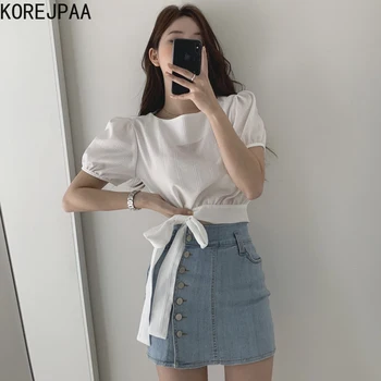 Korejpaa Mulheres Conjuntos De 2021 Verão Coreano Todos-Jogo Lace-Up T-Shirt De Cintura Alta Lateral Botões De Metal Design Slim-Fit Hip Saia Jeans