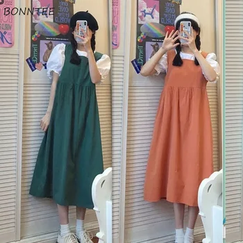 Vestidos sem mangas Mulheres da Moda Sólido Praça Gola Minimalista coreano Estilo Doce Novos correspondência de Verão para Estudantes do sexo Feminino Vestidos