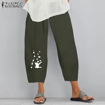Algodão Pantalon Palazzo Mulheres de Verão Harém Calças 2021 Cintura Elástica Cartoon Impresso Calças ZANZEA Casual Looes Nabo Culotes