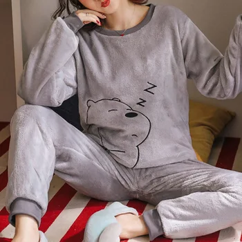 Mulheres pijama conjunto de Mulheres Pijamas de Flanela Grossa Ovelhas Bonito Feminina Inverno Quente Conjunto de Pijama de Manga comprida Completa de Calças de Duas peças de 2020