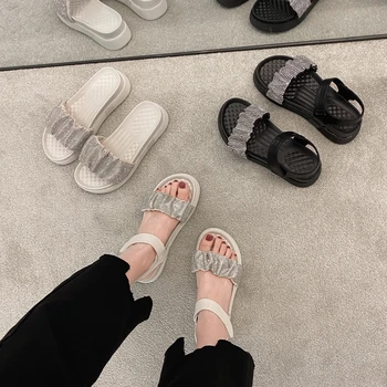 ELLALEE Plataforma Sandálias em Cunha Sapatos para as Mulheres de Cristal Bling Moda Slip-On Mulheres Confortáveis Sandálias de Luxo Designer Flats