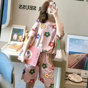 Imitação de Seda do Pijama Mulheres de Verão Solto Plus Size Doce e Bonito manga Curta Shorts Pode Ser Usado Fora de Casa, o Serviço se adapte