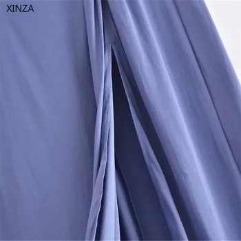 2021 Za De Cetim Azul Saia Midi Mulheres De Cintura Alta Fenda Frontal Vintage Atado Saias Mulher Moda Volta Escondido Zip Saia Plissada