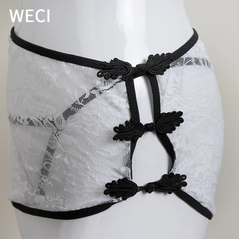 WECI Mulheres Sexy Uniforme Cheongsam Terno Laço Impresso Lingerie Tentação Bonito Peito Superior de Curta Minissaia de Três pontos Transparente