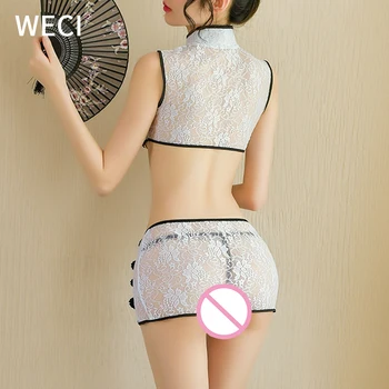 WECI Mulheres Sexy Uniforme Cheongsam Terno Laço Impresso Lingerie Tentação Bonito Peito Superior de Curta Minissaia de Três pontos Transparente