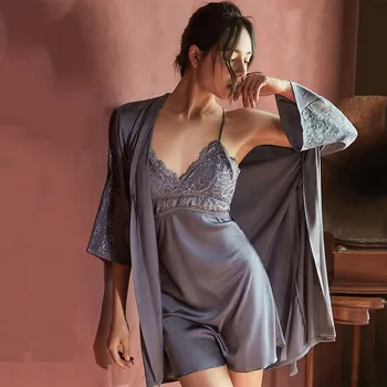 2PCS Mulheres Manto Conjunto Sexy Pijamas de Verão Falso Quimono de Seda Vestido de Rendas na Lingerie Nightdress Macio Perspectiva Presente de Casamento Nupcial