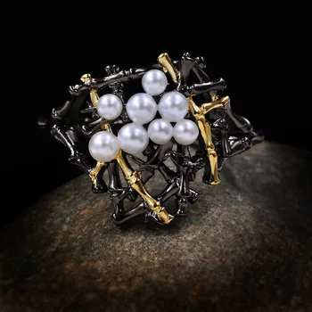 Novo Ouro Preto Cheio de Anel Para as Mulheres jóia do Vintage de Dois tons de Branco, Pérola Anéis Exclusivos Presente da Moda