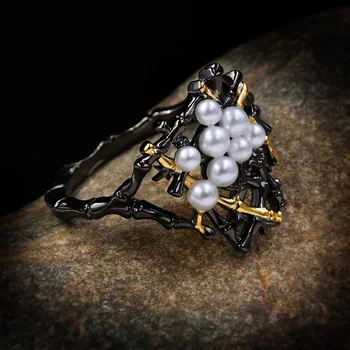 Novo Ouro Preto Cheio de Anel Para as Mulheres jóia do Vintage de Dois tons de Branco, Pérola Anéis Exclusivos Presente da Moda