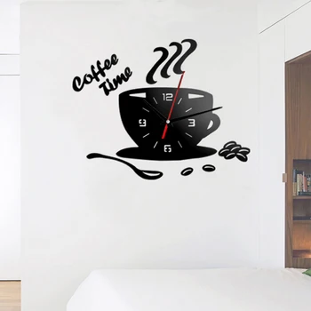 Relógio de parede Cozinha Decoração de Casa de Etiqueta Adesiva Numerais 3D Café Mudo Xícara de Forma do Agregado familiar Alimentado por Bateria de Presente de Acrílico Moderno