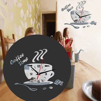 Relógio de parede Cozinha Decoração de Casa de Etiqueta Adesiva Numerais 3D Café Mudo Xícara de Forma do Agregado familiar Alimentado por Bateria de Presente de Acrílico Moderno
