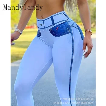 Mandylandy Sexy Imitação De Cowboy Mulheres De Cintura Alta Legging Skinny Stretch Treino De Fitness Yoga Calças Jeans