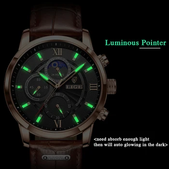 2021 LIGE de melhor Marca de Luxo Casual Leathe de Relógios Para Homens de Esportes Homens Relógio à prova d'água Quartzo Relógio de 24 horas da Fase da Lua Reloj Hombre