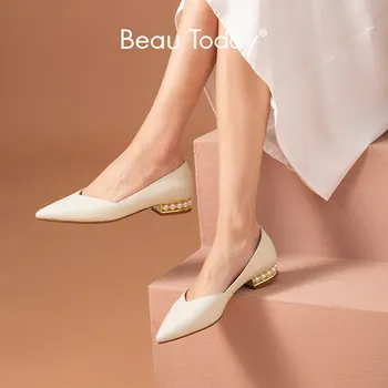 BeauToday Flats Mulheres de pele de Carneiro de Couro Elegante bico Slip-on Pearl Decoração Chique Feminina Superficial Sapatos feitos à mão 18098