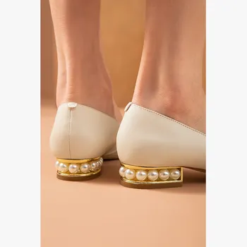 BeauToday Flats Mulheres de pele de Carneiro de Couro Elegante bico Slip-on Pearl Decoração Chique Feminina Superficial Sapatos feitos à mão 18098