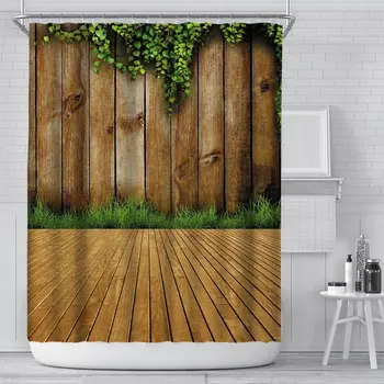 Estilo retrô porta de madeira cortina de chuveiro do banheiro cortina de tecido de poliéster impermeável cinto gancho da cortina de decoração de casa