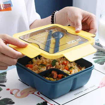 Caixa de almoço Compartimentos Separados, as Crianças da Escola Bento de Caixa Recipiente de Comida de Microondas, Louças Caixa de Almoço com Mesa (1100 ML)