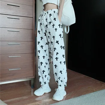 Homens de Calças de Jogging Mulheres Impresso Solta Sportwear Calças Feminino coreano de Hip Hop Calça Casual Grande perna de Streetwear Calças