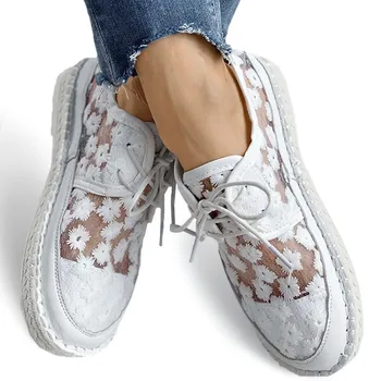Mulheres novos Sapatos Casuais de Verão, Moda Primavera Laço de Malha Pequena Floral Flor de Televisão Suave de Baixo-Superior Loafer Curta Vulcanizar Sapatos #40