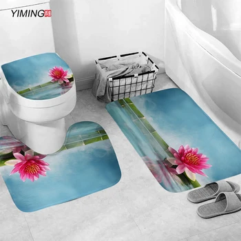 3pcs banheiro antiderrapante, tapete conjunto Zen lotus bambu impressão wc almofada do assento antiderrapante, tapete decoração de banheiro conjunto