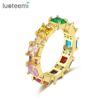 LUOTEEMI Colorido arco-íris zircônia Cúbica Mulheres Dedo Anéis de Várias Cores Trapézio Anel de Moda de Nova Eternidade Bandas