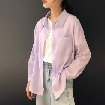 Mulheres Blusa Nova do Virar para baixo de Gola, Sol de Verão-prova de Camisas Casuais Solto e Casual Bolso de Botão coreano Moda Feminina Tops