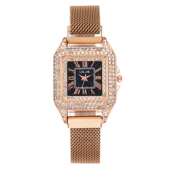 Moda feminina casual rosa de ouro relógio quartz ladies watch praça cheia de diamantes de luxo feminino relógio ladies watch