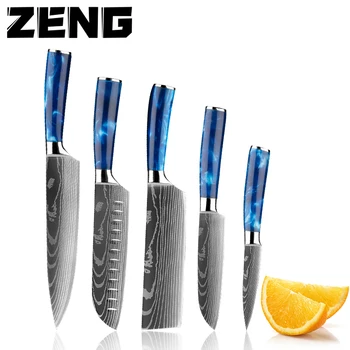 ZENG Conjunto de facas de cozinha Requintada azul resina lidar com Laser teste padrão de Damasco Chef faca Santoku Cutelo Corte de Facas Melhor Presente
