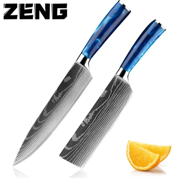 ZENG Conjunto de facas de cozinha Requintada azul resina lidar com Laser teste padrão de Damasco Chef faca Santoku Cutelo Corte de Facas Melhor Presente