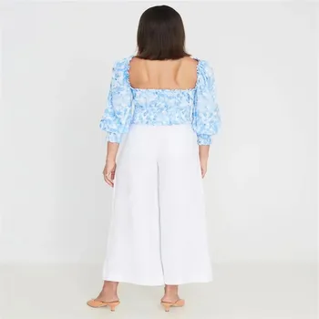 Estilo francês de estilo retro pescoço quadrado mostra bolha fina camisa de manga mulheres ins tie dye plissado versátil cintura alta abrir umbigo