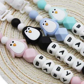 Bonito-idéia 1set de Silicone penguin Esferas de Chupeta Cadeia de Nome Personalizado do Bebê Dentição Cadeia menino menina Brinquedos de Enfermagem Produtos